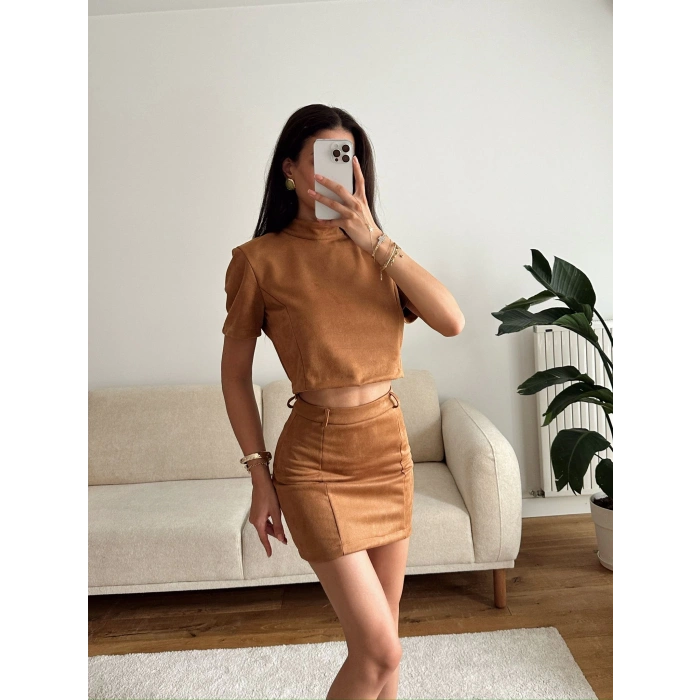Süet Crop & Mini Etekli Takım - TABA