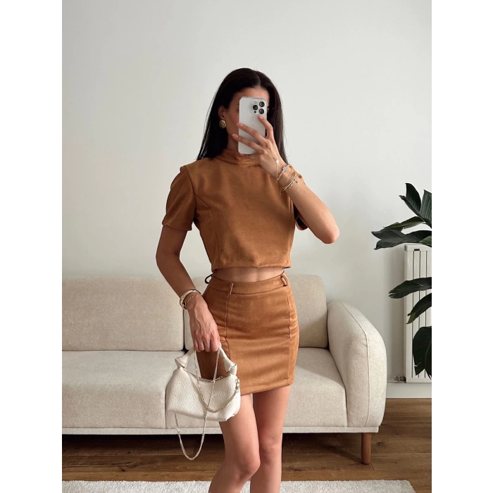 Süet Crop & Mini Etekli Takım - TABA