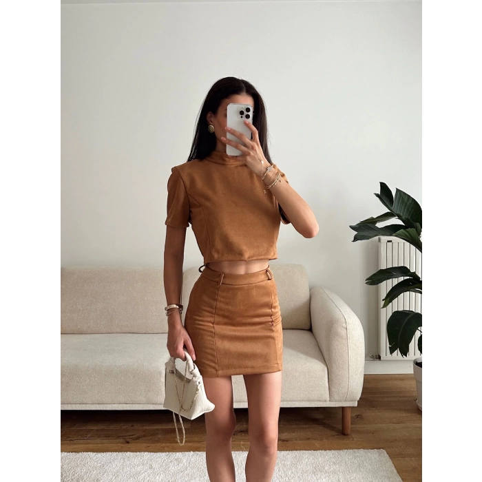 Süet Crop & Mini Etekli Takım - TABA