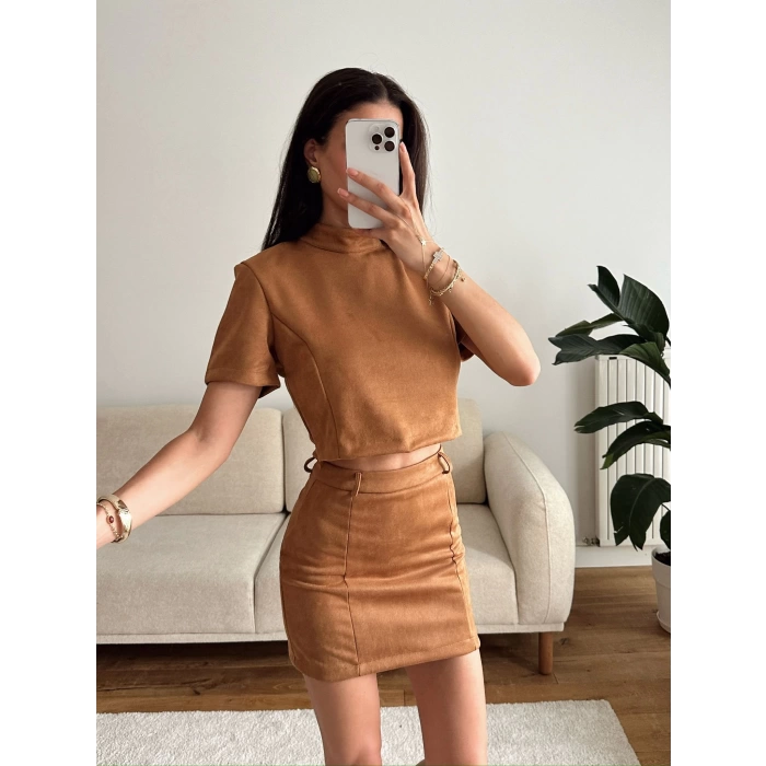 Süet Crop & Mini Etekli Takım - TABA