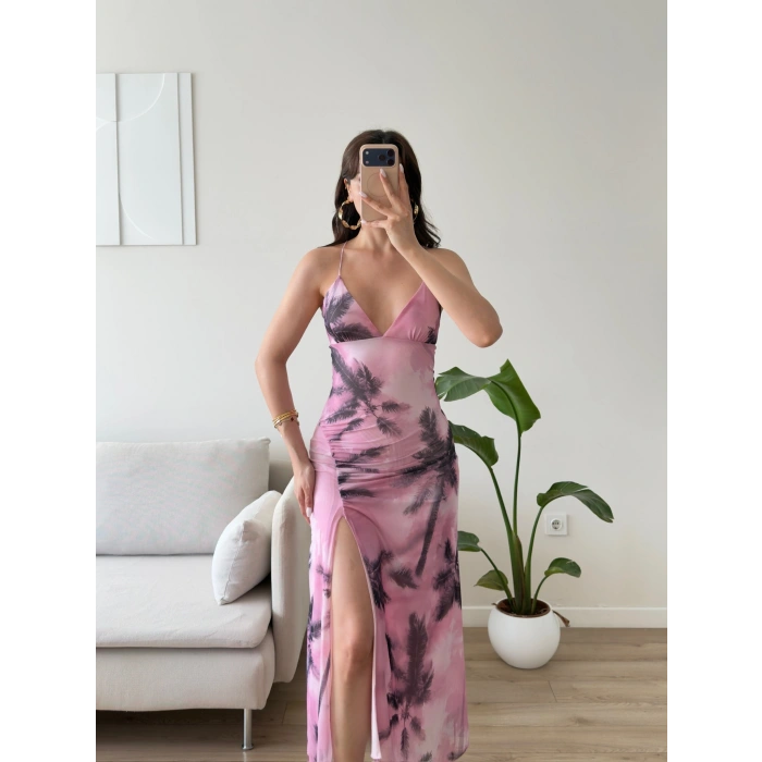 Desenli Sırt Çapraz Askılı Elbise - PEMBE