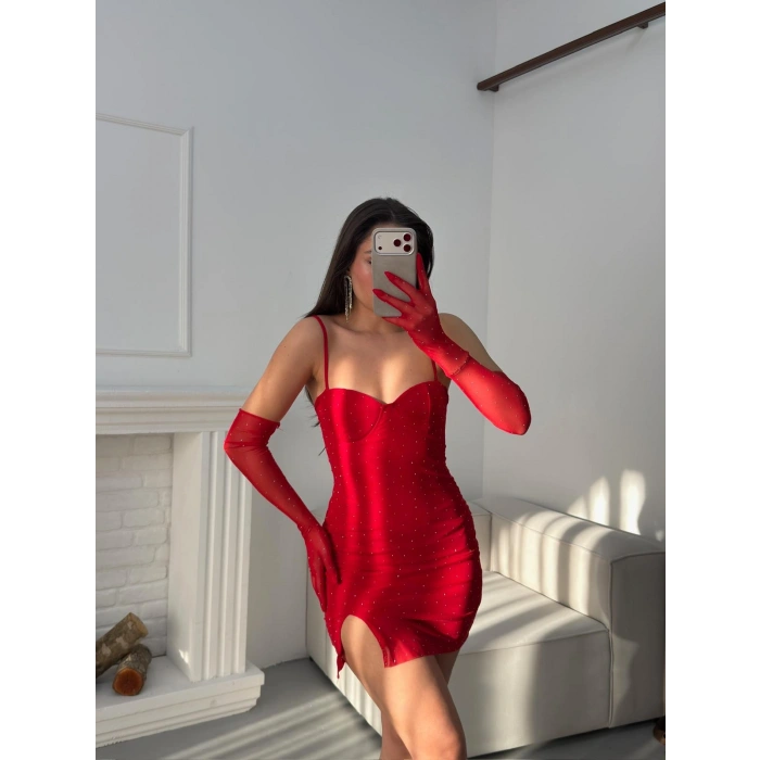 Taşlı Eldivenli Askılı Elbise - KIRMIZI