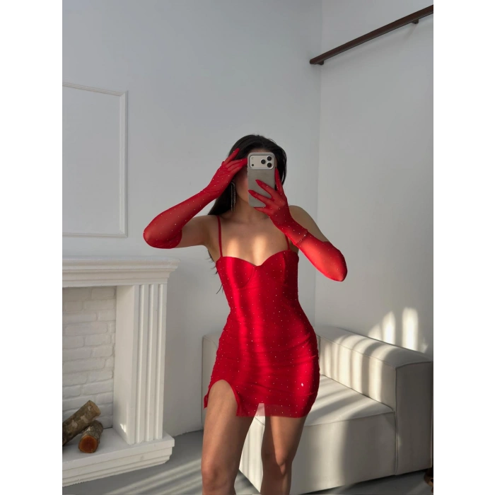 Taşlı Eldivenli Askılı Elbise - KIRMIZI