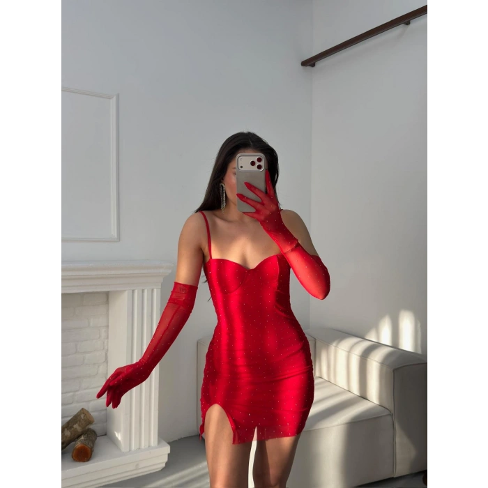 Taşlı Eldivenli Askılı Elbise - KIRMIZI