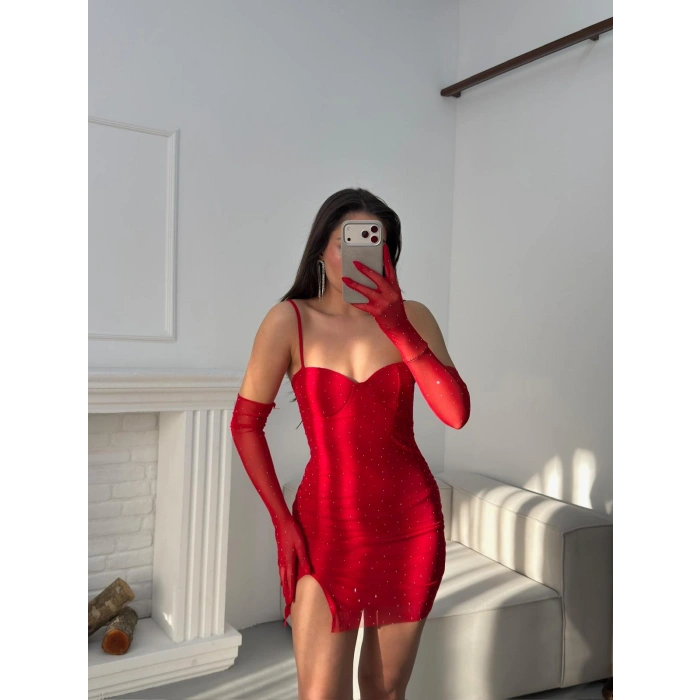 Taşlı Eldivenli Askılı Elbise - KIRMIZI