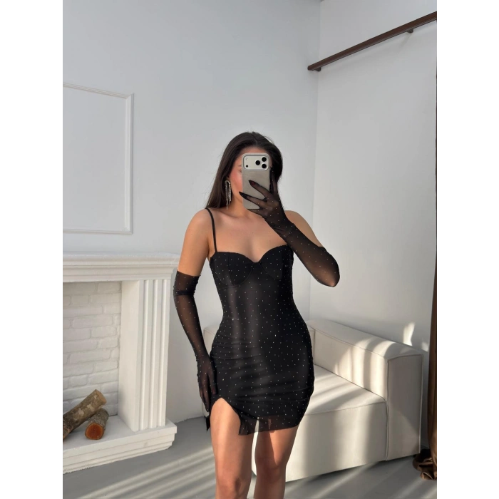 Taşlı Eldivenli Tasarım Elbise - SİYAH