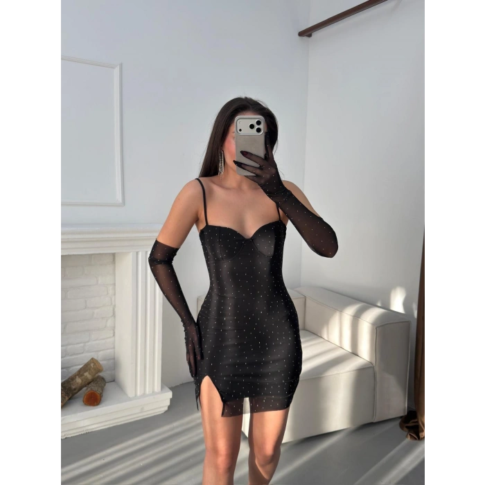 Taşlı Eldivenli Tasarım Elbise - SİYAH