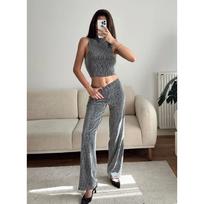 Taşlı Halter Crop & Pantolon Takım - GRİ