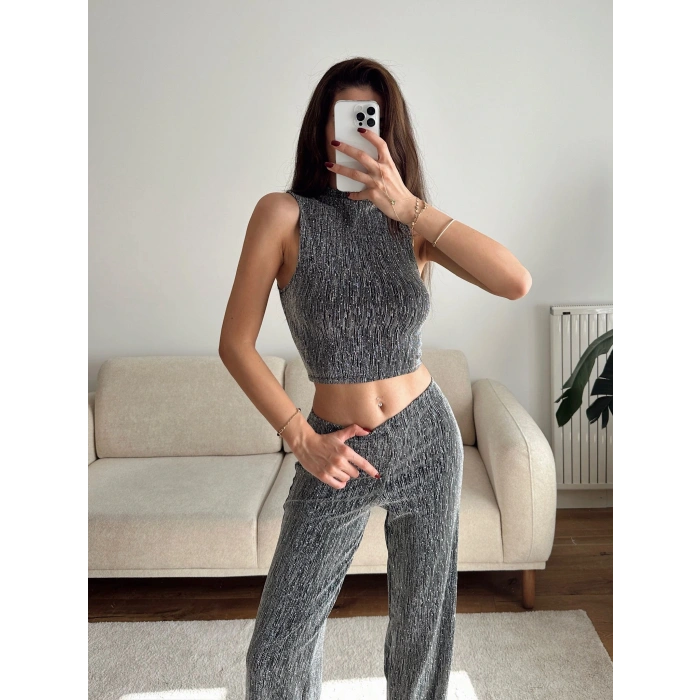 Taşlı Halter Crop & Pantolon Takım - GRİ