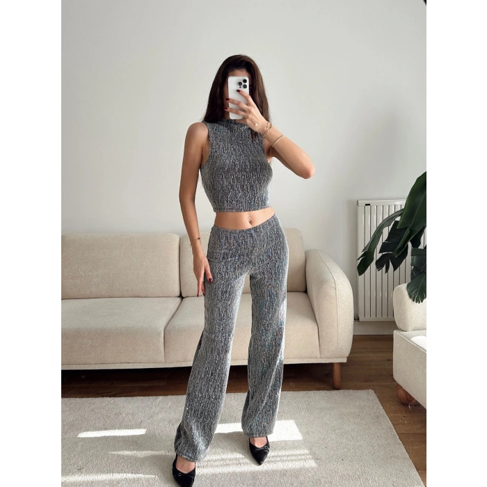 Taşlı Halter Crop & Pantolon Takım - GRİ