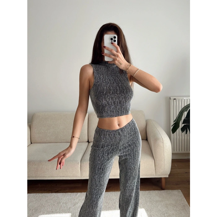 Taşlı Halter Crop & Pantolon Takım - GRİ
