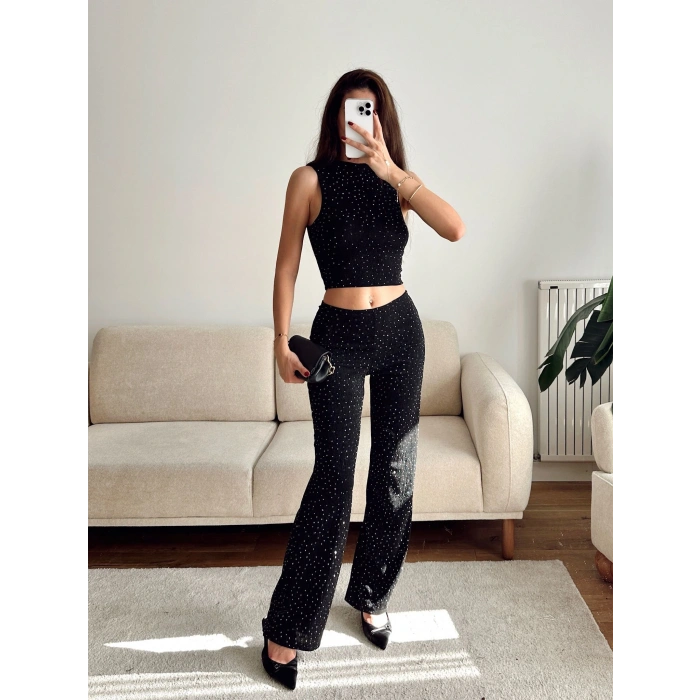 Taşlı Halter Crop & Pantolon Takım - SİYAH