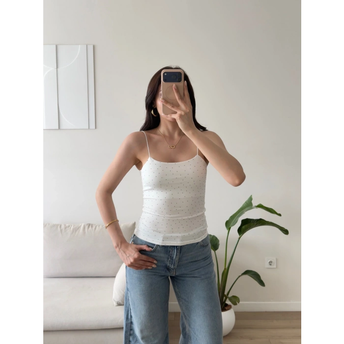 Taşlı İp Askılı Crop - BEYAZ