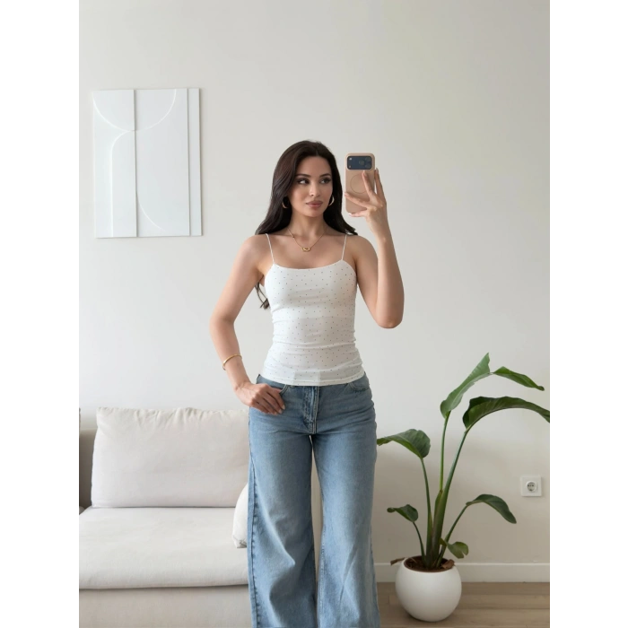 Taşlı İp Askılı Crop - BEYAZ