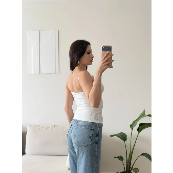 Taşlı İp Askılı Crop - BEYAZ