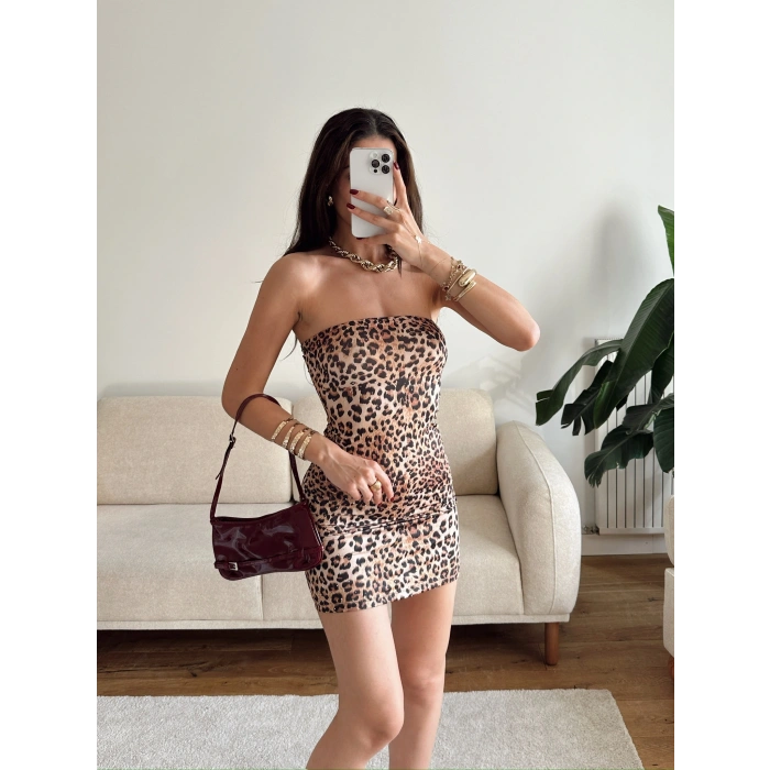Taşlı Straplez Elbise - LEOPAR