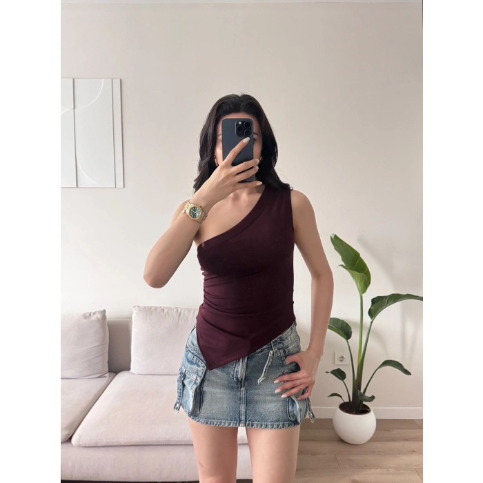 Tek Omuz Asimetrik Bluz - BORDO