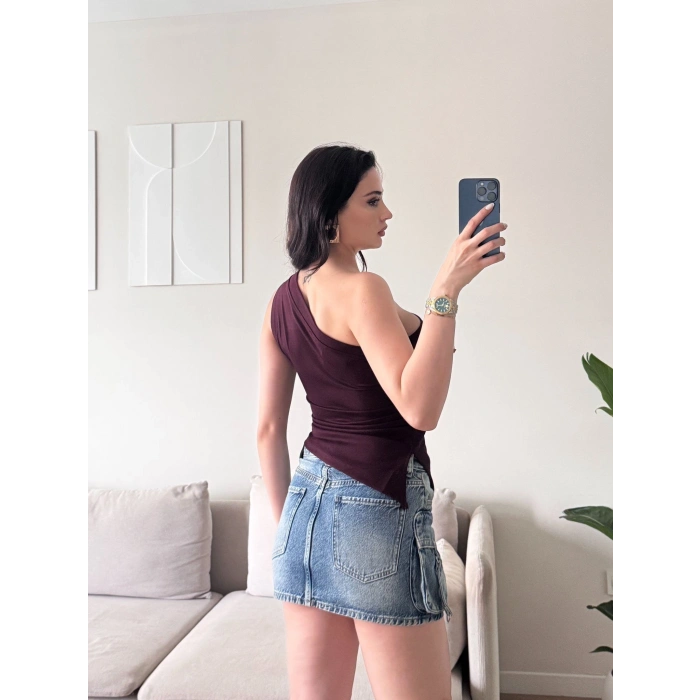 Tek Omuz Asimetrik Bluz - BORDO