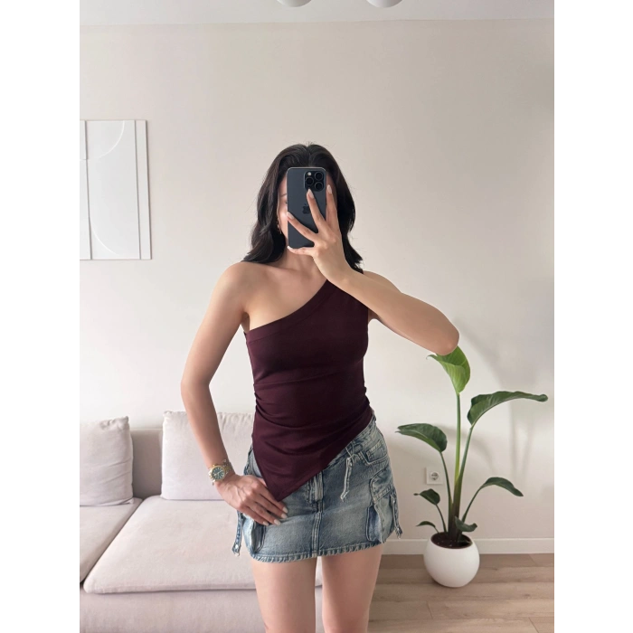 Tek Omuz Asimetrik Bluz - BORDO