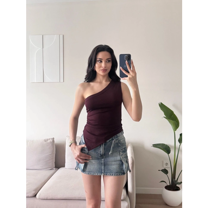 Tek Omuz Asimetrik Bluz - BORDO