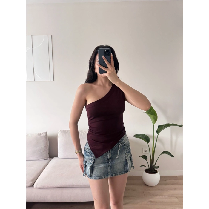 Tek Omuz Asimetrik Bluz - BORDO