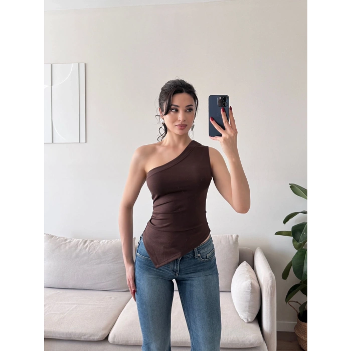 Tek Omuz Asimetrik Bluz - KAHVE