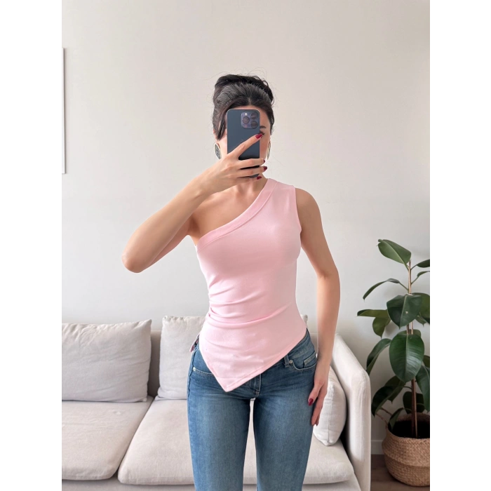 Tek Omuz Asimetrik Bluz - PEMBE