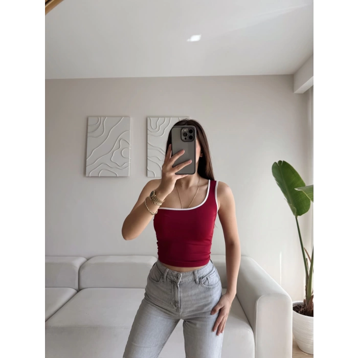 Tek Omuz Biyeli Crop - BORDO