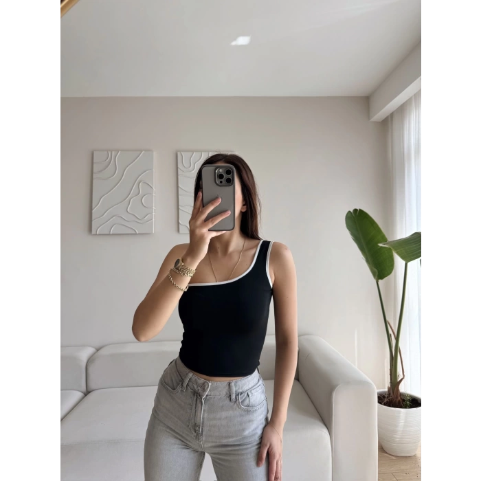 Tek Omuz Biyeli Crop - SİYAH