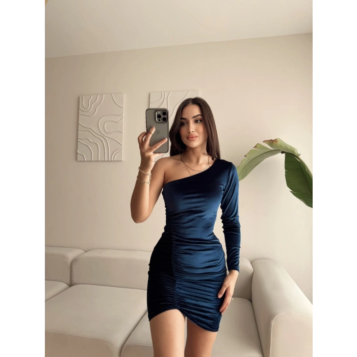 Tek Omuz Büzgülü Kadife Elbise - LACİVERT