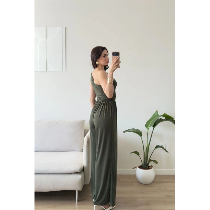 Tek Omuz Büzgülü Tulum - HAKİ