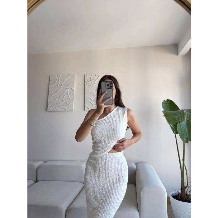 Tek Omuz Crop & Etekli Takım - BEYAZ