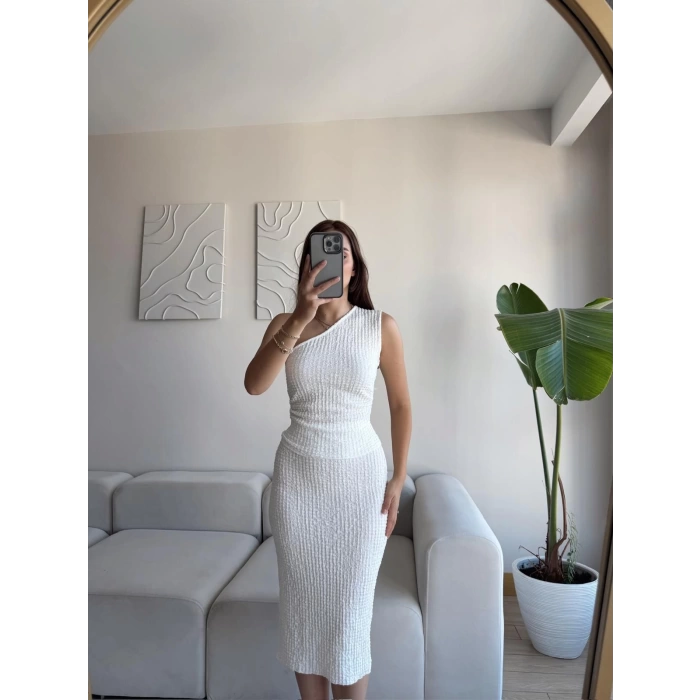 Tek Omuz Crop & Etekli Takım - BEYAZ