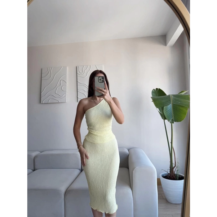 Tek Omuz Crop & Etekli Takım - SARI