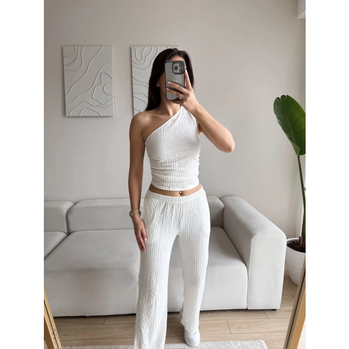 Tek Omuz Crop & Pantolon Takım - BEYAZ