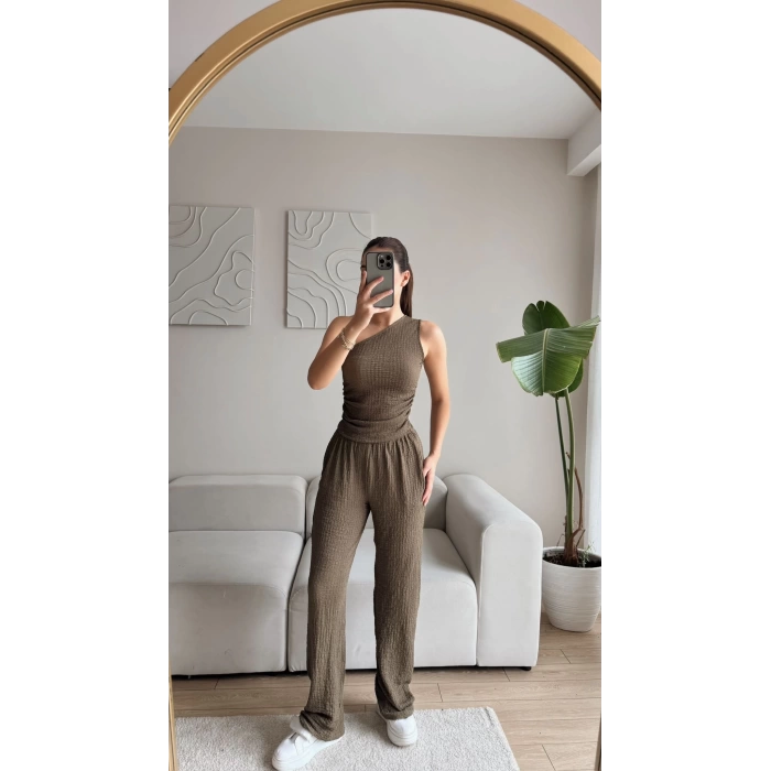 Tek Omuz Crop & Pantolon Takım - KAHVE