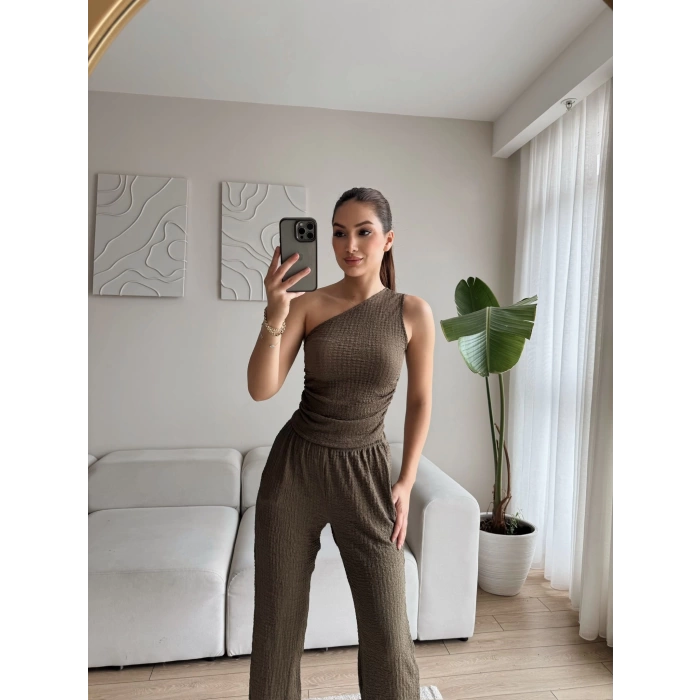 Tek Omuz Crop & Pantolon Takım - KAHVE