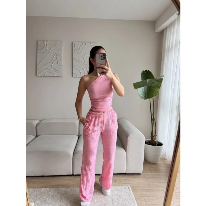 Tek Omuz Crop & Pantolon Takım - PUDRA