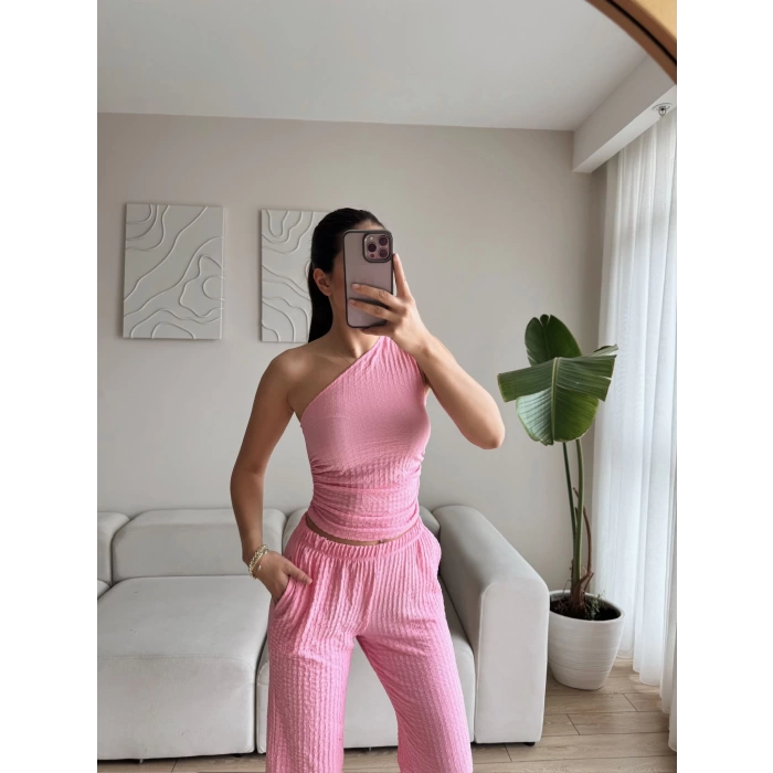 Tek Omuz Crop & Pantolon Takım - PUDRA