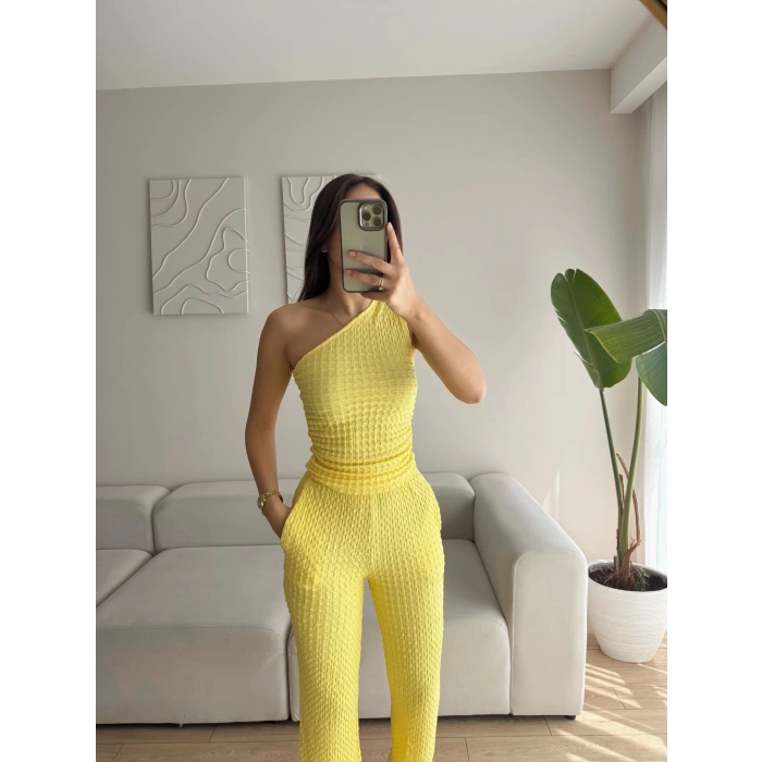Tek Omuz Crop & Pantolon Takım - SARI