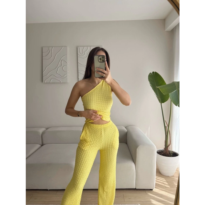Tek Omuz Crop & Pantolon Takım - SARI