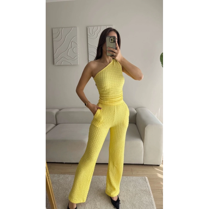 Tek Omuz Crop & Pantolon Takım - SARI