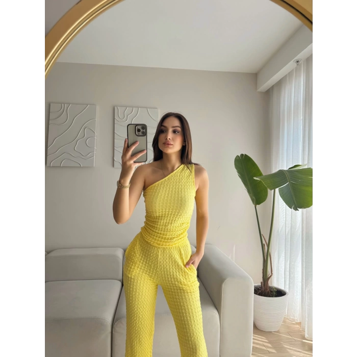 Tek Omuz Crop & Pantolon Takım - SARI