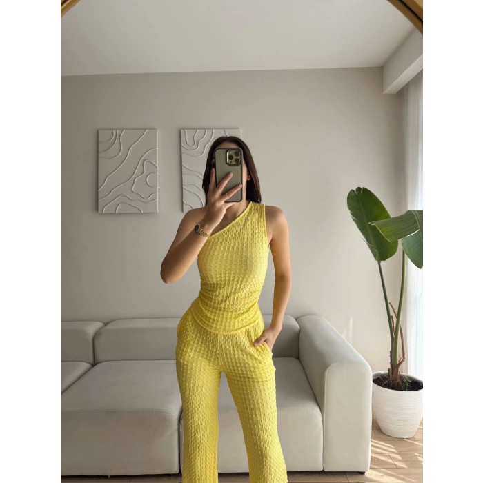 Tek Omuz Crop & Pantolon Takım - SARI