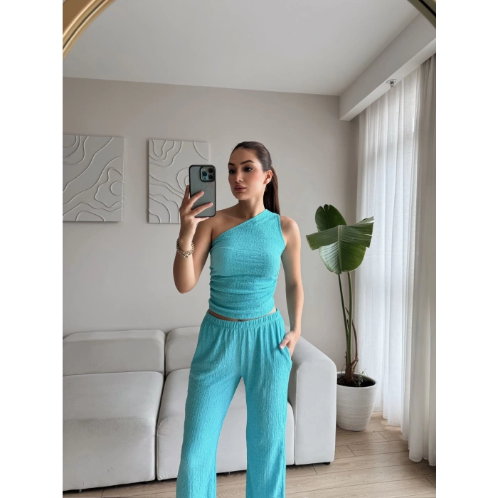 Tek Omuz Crop & Pantolon Takım - TURKUAZ