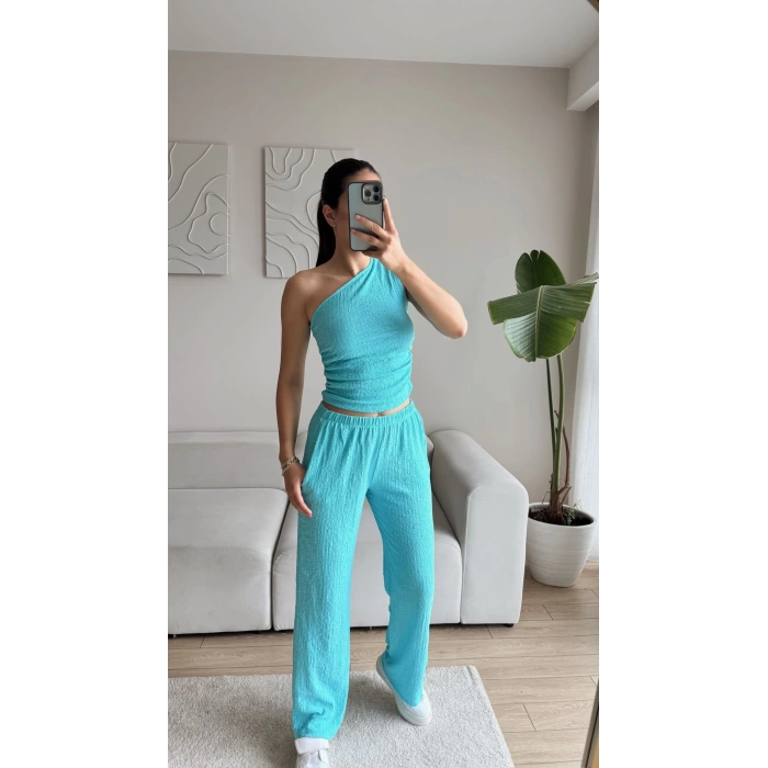 Tek Omuz Crop & Pantolon Takım - TURKUAZ