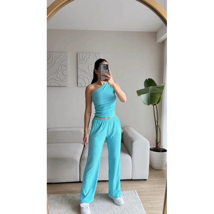 Tek Omuz Crop & Pantolon Takım - TURKUAZ