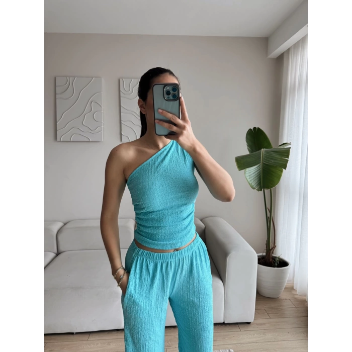 Tek Omuz Crop & Pantolon Takım - TURKUAZ