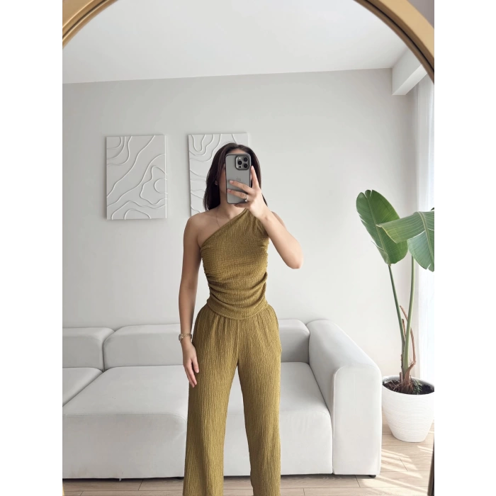 Tek Omuz Crop & Pantolon Takım - YAĞ YEŞİLİ