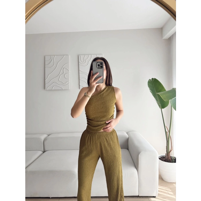 Tek Omuz Crop & Pantolon Takım - YAĞ YEŞİLİ